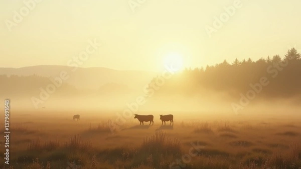 Obraz Cows grazing in foggy meadow at sunrise with forest in background	