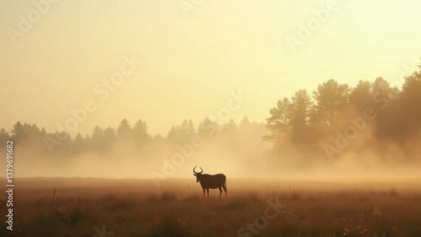 Obraz Cows grazing in foggy meadow at sunrise with forest in background	