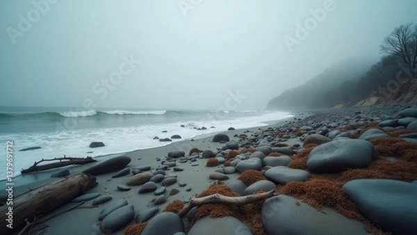 Obraz Overcast rocky coastline with misty cliffs and gentle waves under grey sky	