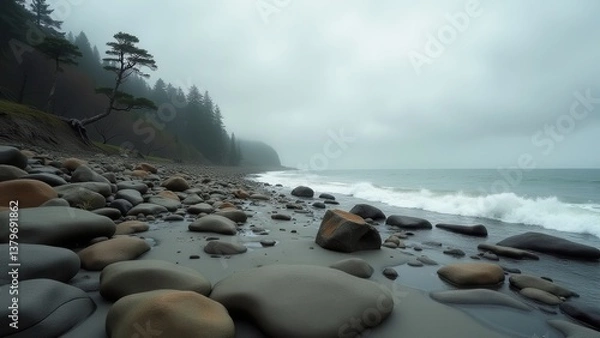 Obraz Overcast rocky coastline with misty cliffs and gentle waves under grey sky	
