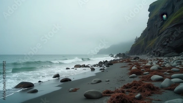 Obraz Overcast rocky coastline with misty cliffs and gentle waves under grey sky	