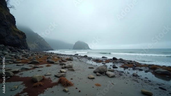 Obraz Overcast rocky coastline with misty cliffs and gentle waves under grey sky	