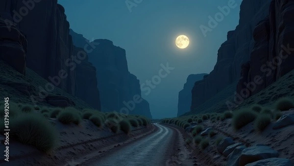 Obraz Desert canyon landscape illuminated by full moon with winding trail and sparse vegetation	