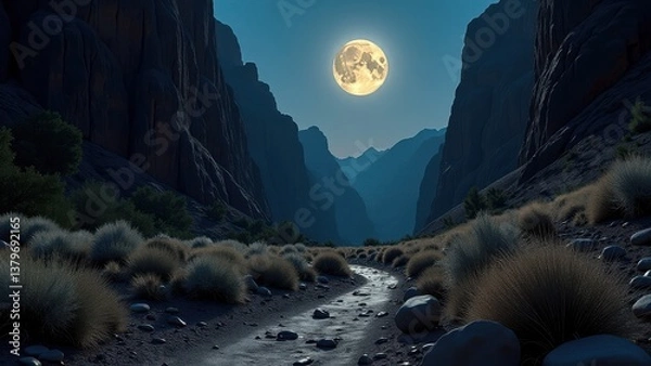 Obraz Desert canyon landscape illuminated by full moon with winding trail and sparse vegetation	