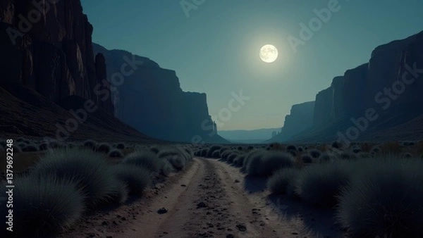 Obraz Desert canyon landscape illuminated by full moon with winding trail and sparse vegetation	