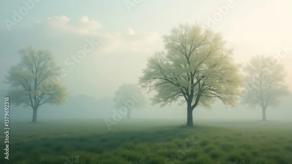 Obraz Symmetrical rows of blooming trees in foggy field with soft morning light	
