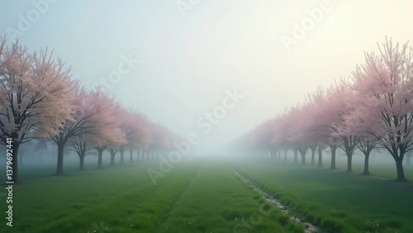 Fototapeta Symmetrical rows of blooming trees in foggy field with soft morning light	
