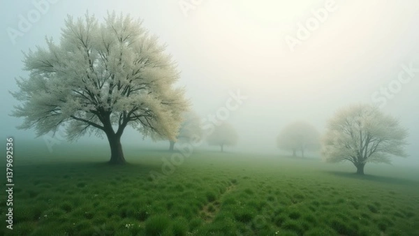 Fototapeta Symmetrical rows of blooming trees in foggy field with soft morning light	