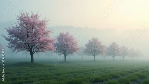 Fototapeta Symmetrical rows of blooming trees in foggy field with soft morning light	