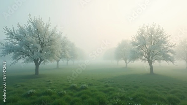 Obraz Symmetrical rows of blooming trees in foggy field with soft morning light	