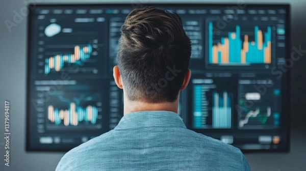 Fototapeta digital transformation strategy + innovation + framework A person analyzes data on a large screen displaying colorful graphs and charts.