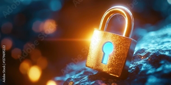Fototapeta A stylized padlock, its digital keyhole glowing with a secure blue light, symbolizing data protection in the digital realm.