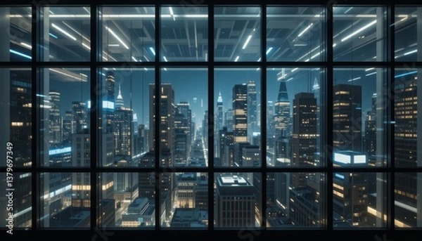 Fototapeta  Grid-framed windows reflecting distorted city lights at night 
