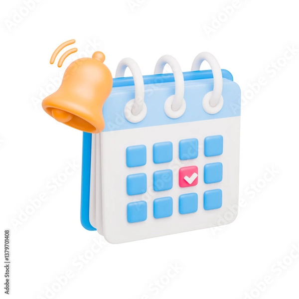 Fototapeta 3D calendar with bell notification. Realistic reminder symbol of event planner with ringing yellow bell. Reminder, meeting and time concept. Vector icon isolated on white background.