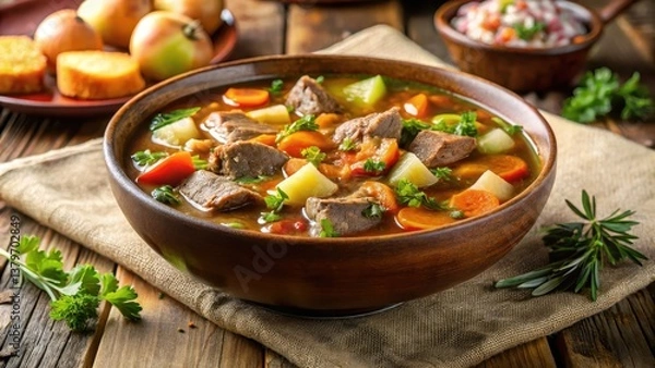 Fototapeta Hearty vegetable soup with chunks of tender meat in a rich savory broth, easy recipe