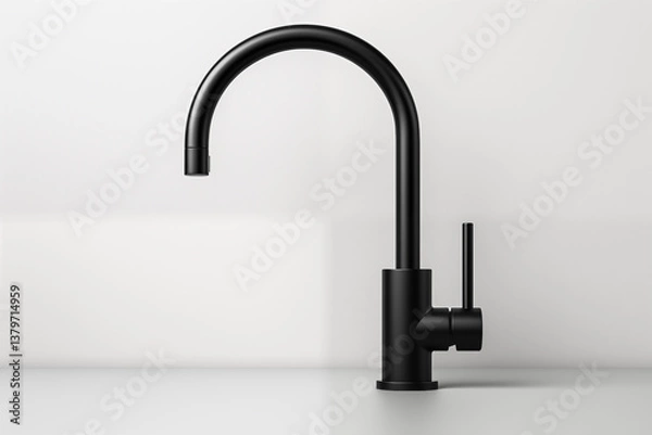 Fototapeta Matte black modern kitchen faucet with a sleek curved design. This stylish faucet adds contemporary touch to kitchen interiors with its minimalist structure.