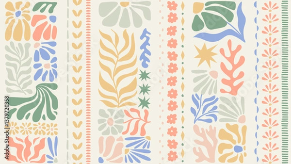 Fototapeta Seamless pattern with ink doodle abstract flowers and leaves in vertical stripes. Trendy tropical background. Hand drawn vector illustration. Boho, beach, jungle wallpaper.