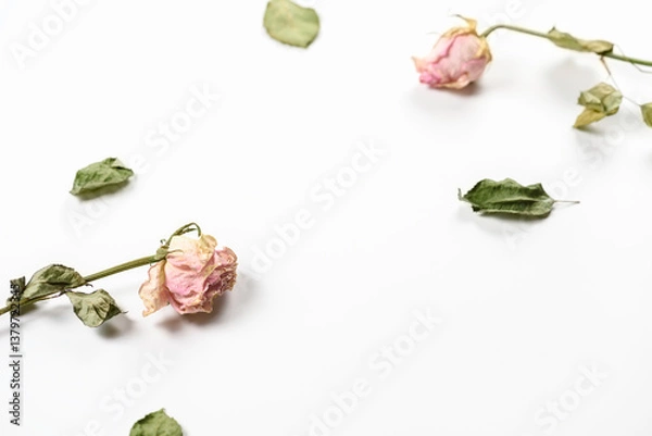 Fototapeta Two dried roses with petals on white background. Feeling of rapid care.