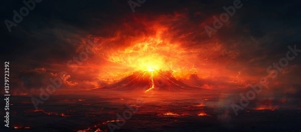 Fototapeta A volcanic eruption with glowing red lava and fiery clouds