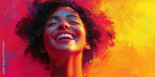 Obraz Joyful young woman with vibrant hair, celebrating in a colorful setting, perfect for themes of happiness and positivity.