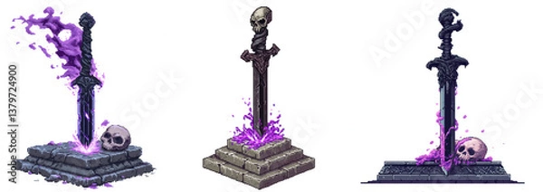 Obraz 8 bit  Pixel Art Cursed Obsidian Sword with Skull Hilt and Purple Dark Magic Aura, Isolated on Transparent Background