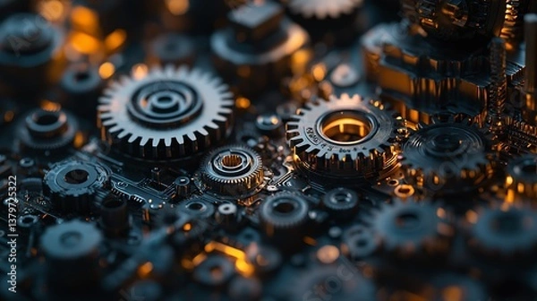Fototapeta Detailed image showcasing various mechanical gears and other machine components