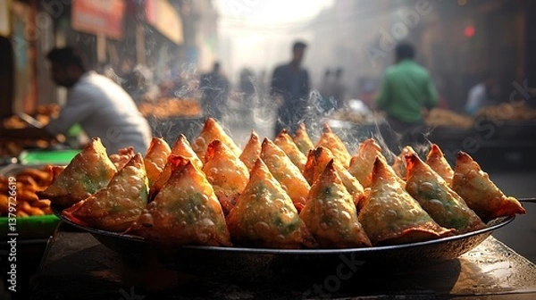 Fototapeta A selection of freshly fried samosas displayed on a tray