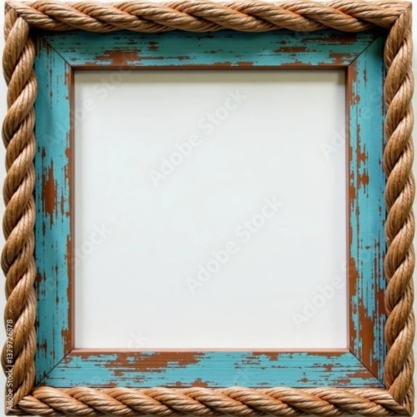 Fototapeta Distressed wooden border frame with rope details, wooden, rustic