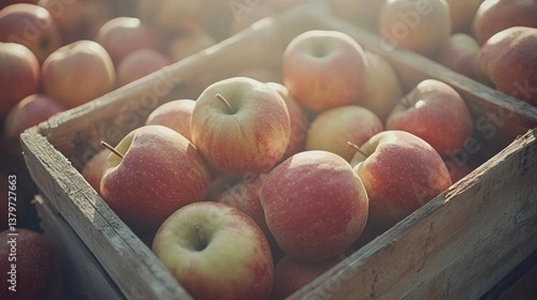 Fototapeta A wooden crate full of fresh red and yellow apples