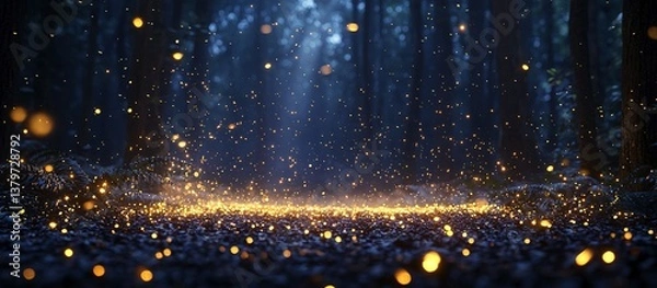 Fototapeta Forest floor with golden lights amidst tall dark trees