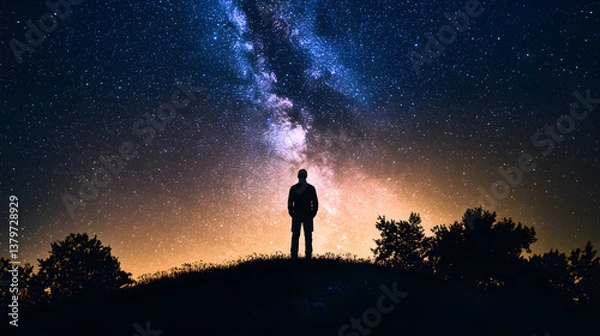 Fototapeta A Solitary Journey into the Vastness of the Night: Stargazing under the Cosmic Tapestry of the Milky Way