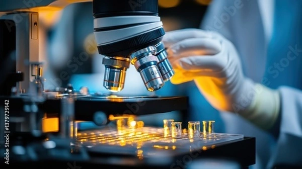 Fototapeta A person examines a yellow substance through a microscope lens.