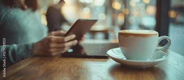 Fototapeta Person enjoying coffee and using a tablet in a cafe
