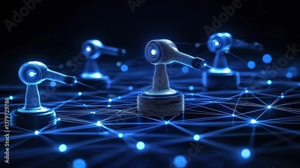 Fototapeta Four Robotic Arms Connected With Futuristic Digital Network System