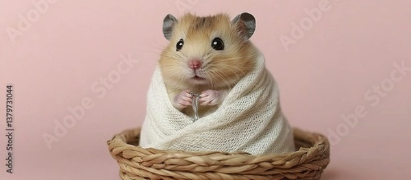 Fototapeta A cute fluffy hamster nestled inside a woven basket of wood