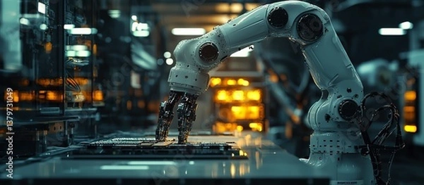 Fototapeta A robotic arm assembles circuit boards in a modern factory