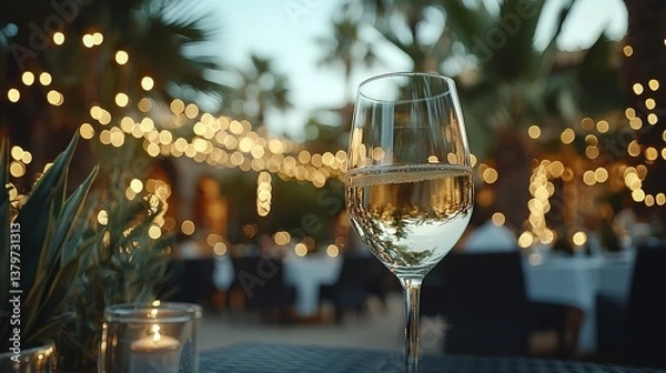 Fototapeta A glass of wine sits at a table near glowing lights