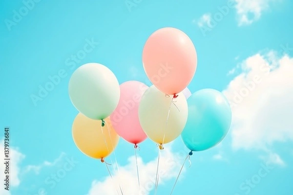 Fototapeta Pastel balloons floating joyfully against a vibrant blue sky, a cheerful celebration of lightheartedness and dreams taking flight under fluffy white clouds.