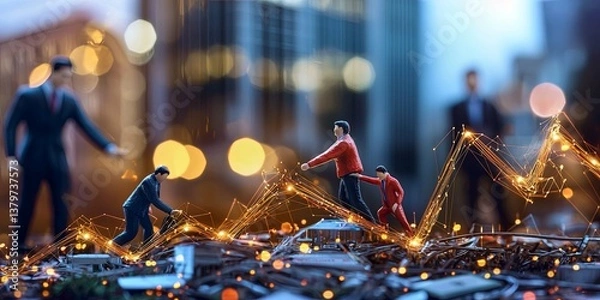 Obraz Tiny figures representing business executives navigate the complex landscape of a financial graph, their actions symbolizing the challenges and triumphs faced in the worl