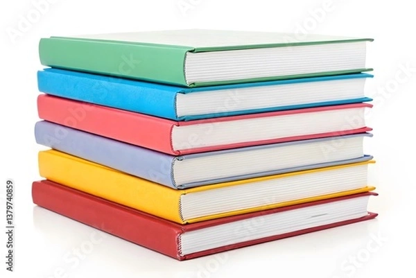 Fototapeta A neatly stacked set of colorful books isolated on a white background. Bright and clean image with ample space for titles or graphic elements.