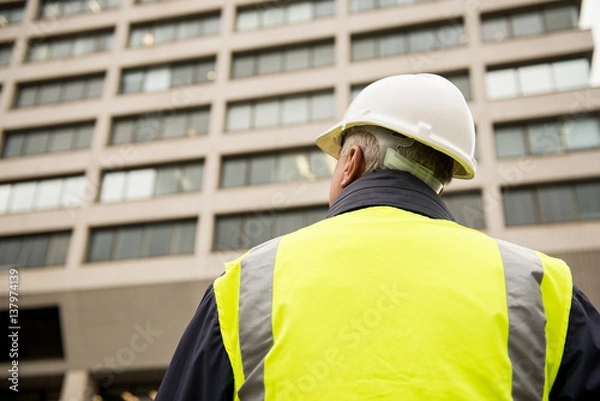 Fototapeta Construction worker / building inspector surveying a tall building.