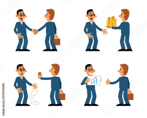 Obraz Businessman cartoon negotiating trade, agreeing and refusing investment.