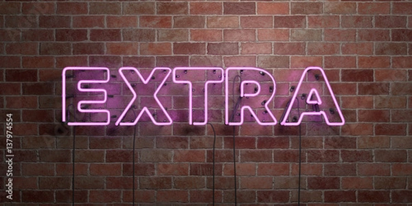 Fototapeta EXTRA - fluorescencyjny neon świetlny znak na cegle - widok z przodu - 3D renderowane zdjęcie royalty free. Może być używany do banerów reklamowych online i bezpośrednich przesyłek pocztowych.