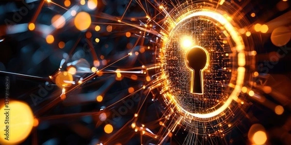 Fototapeta A stylized keyhole, a symbol of digital security, encircled by an intricate network of interconnected lines, signifying the protection and confidentiality of data.