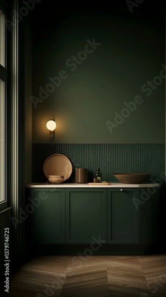 Fototapeta Dark green kitchen corner with wooden bowls, trays, and a hexagonal tile backsplash.  Elegant and moody interior design.