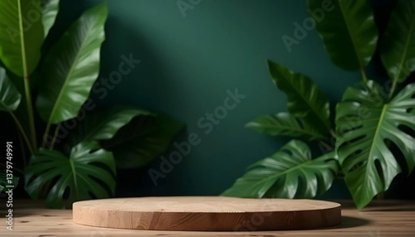 Obraz Wooden Platform for Natural Product Display with Monstera Leaves, Dark Green