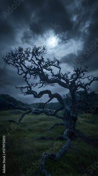 Fototapeta Twisted ancient tree under a moody night sky.  Perfect for fantasy, mystery, or horror themes.