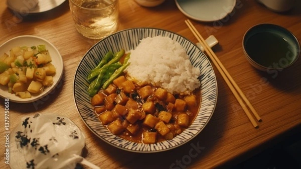 Fototapeta A cozy home-cooked Japanese curry meal served on a wooden table, with a side of pickled vegetables and green tea