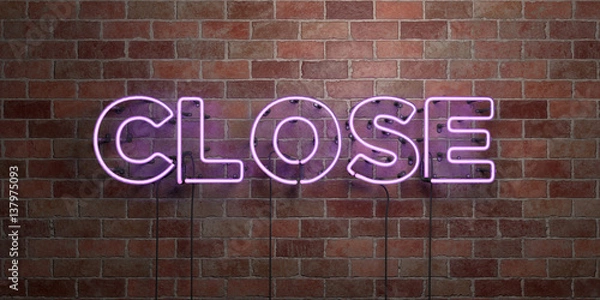 Fototapeta CLOSE - fluorescent Neon tube Sign on brickwork - Front view - 3D rendered royalty free stock picture. Can be used for online banner ads and direct mailers..