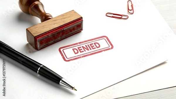 Obraz Denied document stamp paper pen clip rejection application refusal business office wooden desk form